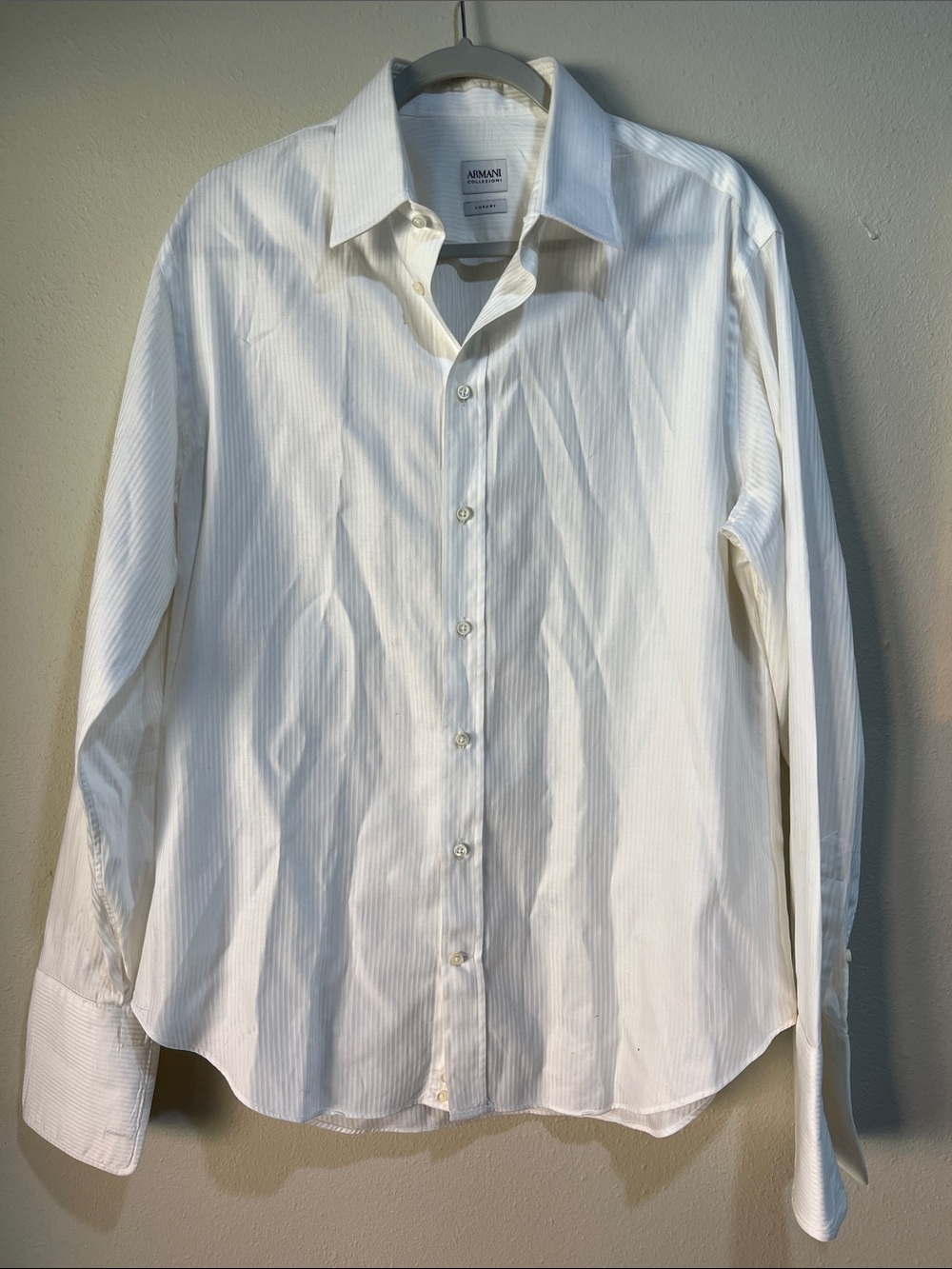 Armani Collezioni White Subtle-Stripe Spread Collar Dress Shirt